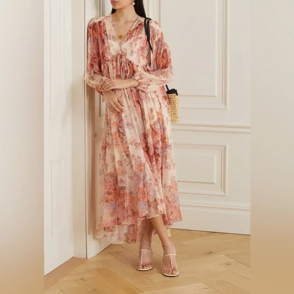 Zimmermann Devi Gathered Yoke Long Sleeve Chiffon Dress NWTsizeAU 2 ( US 8 )
